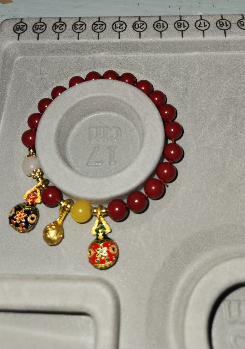 Vintage Red Cinnabar Beaded Bracelet Cloisonné Charms Gold Tone Asian Style